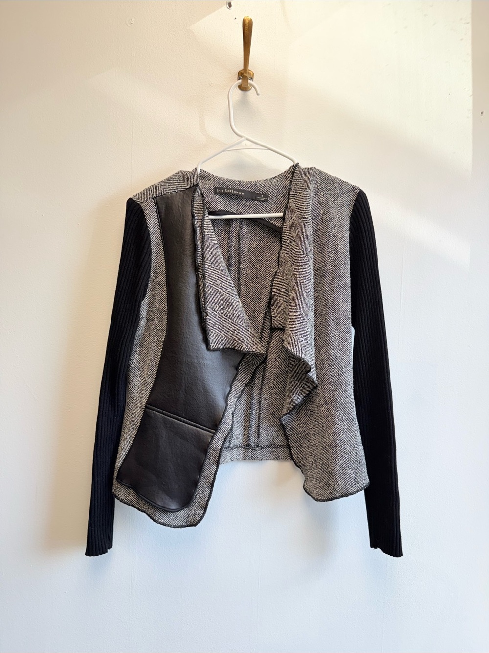 Iris Setlakwe Black White Herringbone Knit Faux Leather Open Sweater Blazer 8